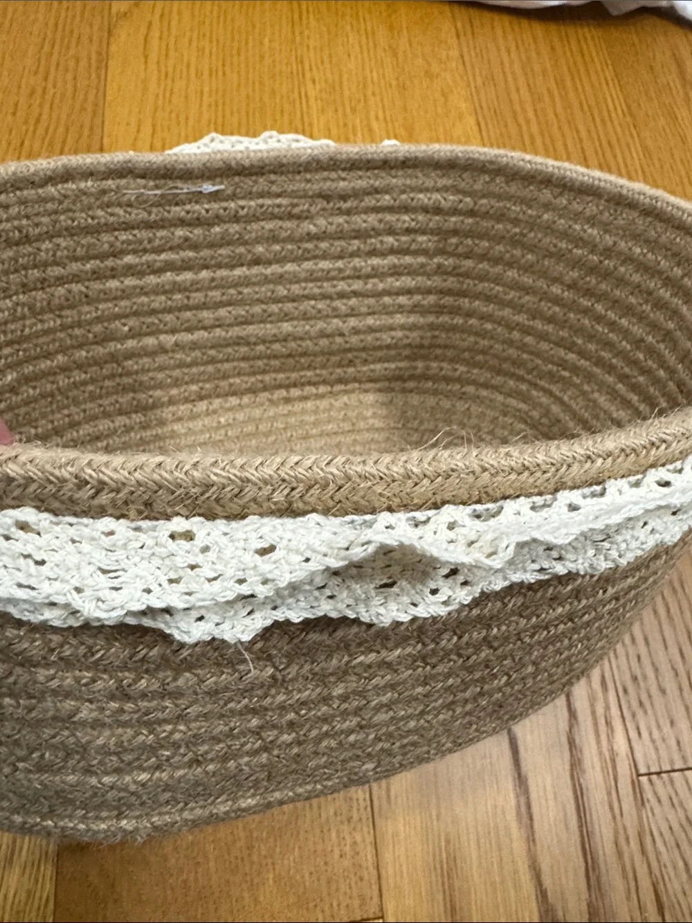 Small Brown Oval rope Storage Basket with Lace Trim